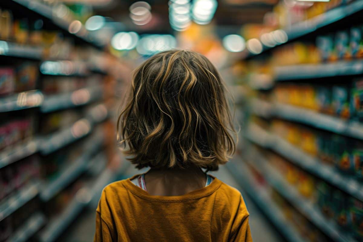 A small child is choosing food in a supermarket