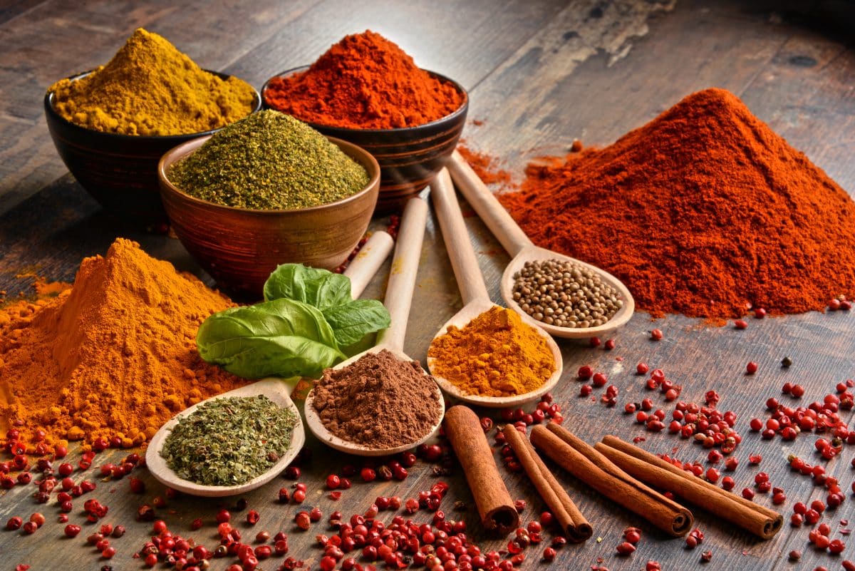 Variety of spices on kitchen table